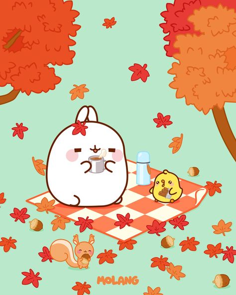 Molang And Piu Piu, Molang Wallpaper, Thanksgiving Wallpaper, Animal Doodles, Heart Shaped Diamond, Winter Art, Mobile Covers, Autumn Art, Fall Wallpaper