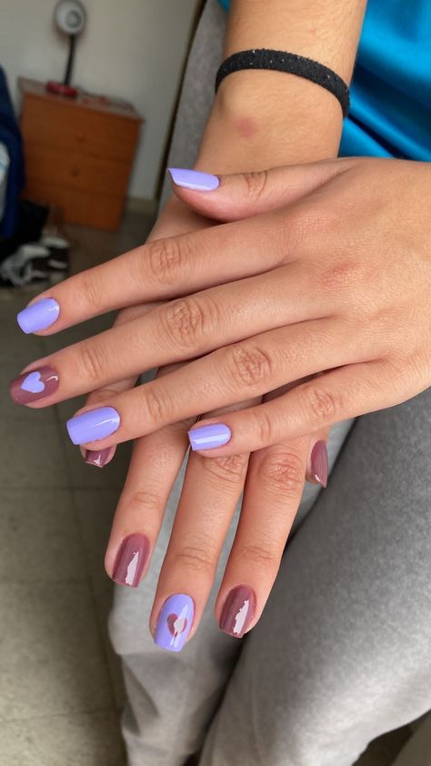 heart lilac and brown nails Brown And Purple Nails Acrylic, Purple And Brown Nails Designs, Lilac And Brown Nails, Brown And Purple Nails, Purple Brown Nails, Purple And Brown Nails, Short Nail Inspo, Light Purple Nails, Brown Nail Art