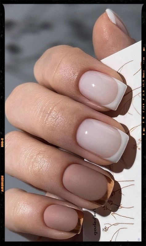 Gold and White French Tip Nails French Nails Neutral, French Polish Nails Classy, Short White On White French Tip Nails, White Nails Gold Tips, Beige French Tip Nails, White On White French Manicure, Nails Gold And White, Modern French Tip Nails, Modern French Nails