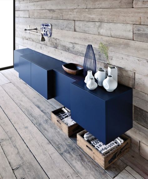 An unexpected dose of blue anchors a rustic room. Via French by Design. Ikea Bestå Hack, Dresser Cabinet, Ikea Besta, Diy Bathroom Remodel, Trendy Bathroom, Wooden Floor, Diy Remodel, Design Del Prodotto, Style At Home