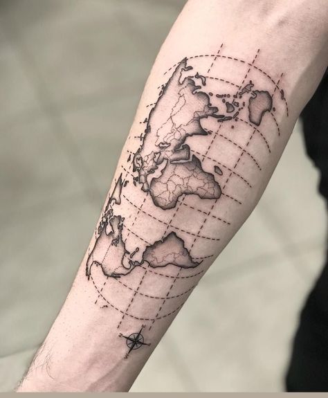 Map Grid Tattoo, World Tattoo Men, World Map Tattoo Men, World Map Tattoo Design, Map Tattoo Design, World Map Tattoo, Bold Tattoo, World Map Tattoos, Map Tattoo