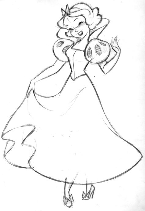 Just For Fun - Snow White (C) DISNEY Sometimes when I doodle I have a “go to” pose that I enjoy drawing. This one seems to be a favorite of mine. Similar pose, different character. A change of hair style, hand gesture and clothes make the whole thing seem new again. A perfect “princess pose”. It often happens when I’m not thinking about it, as if a character is just stopping by to say hello. And, it always brings a smile to my face. Snow White Drawing, Drawing Disney, Disney Doodles, Disney Drawings Sketches, Pose Model, Disney Princess Snow White, Disney Artists, Disney Snow White, Disney Art Drawings