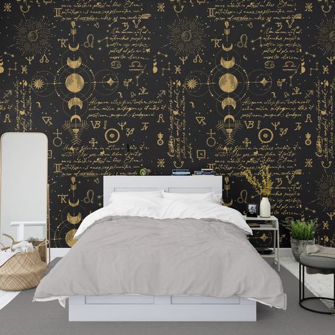 Wallpaper Tray Ceiling, Dark Astrology, Space Themed Wallpaper, Astrology Wallpaper, Zodiac Houses, Wallpaper Moon, Ceiling Murals, Scandi Home, Moon And Sun