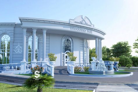 Wedding Hall Design on Behance Wedding Hall Plan Architecture, Wedding Hall Design Architecture Plan, Wedding Hall Architecture, Event Hall Design Exterior, Marriage Hall Design Exterior, Party Plot Design Plan, Event Hall Architecture, Wedding Hall Exterior Design, Marriage Hall Elevation