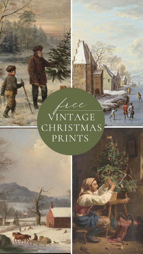 Christmas Art Landscape, Vintage Winter Artwork, Christmas Paintings Vintage, Christmas Poster Printables, Winter Cottage Decorating Ideas, Free Vintage Art Download, Free Vintage Christmas Printables Public Domain, Vintage Winter Prints, Vintage Winter Pictures