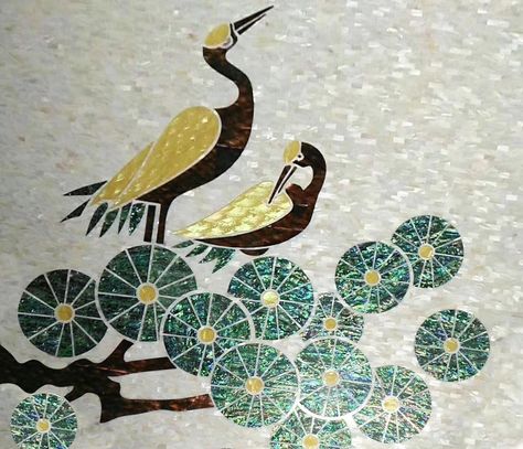 Mother Of Pearl Wall Art, Japanese Mosaic, Bird Mosaic, Mosaic Butterfly, Crafts 2024, Mother Of Pearl Mosaic, Japanese Crane, Butterfly Designs, Mosaic Birds