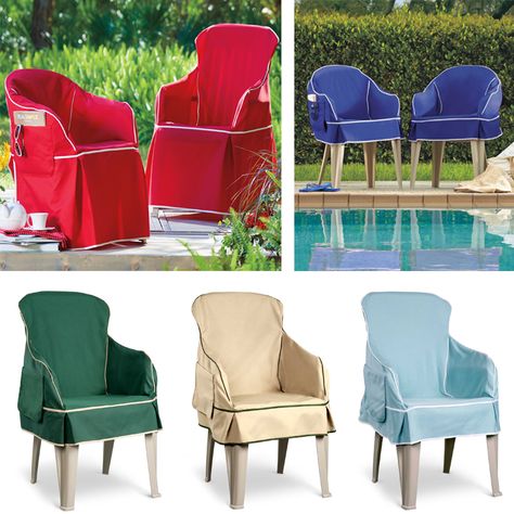 Give new life to your outdoor resin chairs by covering them up with a colorful, padded chair cover. Each cover has foam padding for comfort and a side pocket to hole a magazine or sunglasses. Rattan Chair Living Room, Outdoor Chair Covers, Resin Chair, Sofa Table Design, Tile Bedroom, Best Home Design, Chair Covers Wedding, Chair Cushion Covers, Red Chair