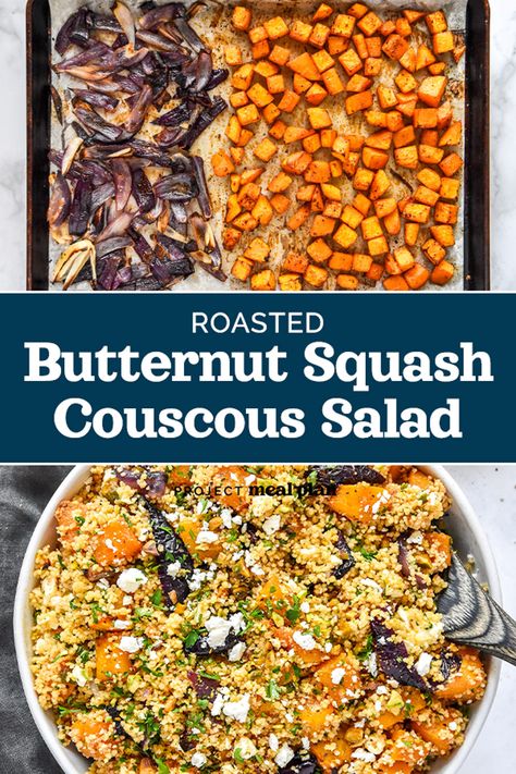 Full of cozy Fall flavors, this Roasted Butternut Squash Couscous Salad with maple vinaigrette makes an incredible no-reheat lunch, or dinner side! It’s both sweet and salty, plus packed with roasted squash, pistachios, and feta! Butternut Squash Couscous, Salad With Maple Vinaigrette, Butternut Squash Black Bean, Maple Vinaigrette, Dinner Side, Couscous Salad, Roasted Squash, Dinner Side Dishes, Fall Flavors