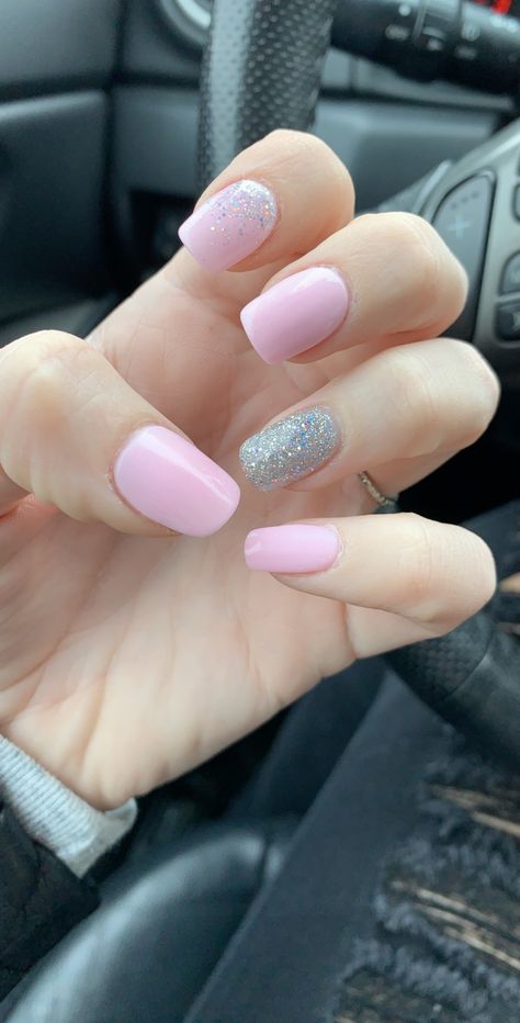 Soft Pink Nails With Glitter Accent, June Gel Nails Ideas, Pink Sns Nail Designs, Pink Nail Designs Square Medium, Square Sns Nails, Sns Nails Colors Summer, Pink And Sparkly Nails, Pastel Nails Pink, Simple Square Acrylic Nails