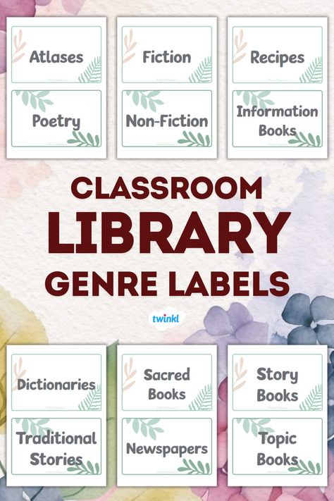 Over the floral background there are six pages of Classroom Library - Book Genre Labels. The pages are printable and can be used in the classroom. They feature illustrations of green plants and leaves. Kindergarten Library Labels, Classroom Library Labels Free, Free Book Labels For Classroom Library, Library Genre Labels, Book Genre Labels, Literary Genres, Library Labels, Literary Genre, Genre Labels