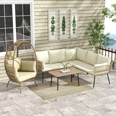 DWVO Patio Conversation Sets,Outdoor Furniture Sofa Set - Club Lounge Chairs Egg Chair,L-Shaped Patio Sofa and Wicker Table & Cushions - Beige Colorful Patio, Beige Chair, Club Lounge, Boho Patio, Patio Conversation Sets, Furniture Sofa Set, Outdoor Furniture Sofa, Wicker Table, Furniture Sofa