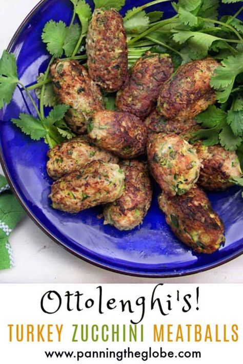 An ingenious turkey meatball recipe from Ottolenghi. These scrumptious meatballs have no flour or gluten, just ground turkey, eggs, herbs and vegetables! A great appetizer or main dish. #TurkeyMeatballs #OttolenghiRecipe #MeatballAppetizer #GlutenFreeMeatballs Turkey Zucchini Meatballs, Turkey Eggs, Gluten Free Turkey Meatballs, Turkey Zucchini, Zucchini Meatballs, Gluten Free Meatballs, Turkey Meatball, Ottolenghi Recipes, Turkey Meatball Recipe