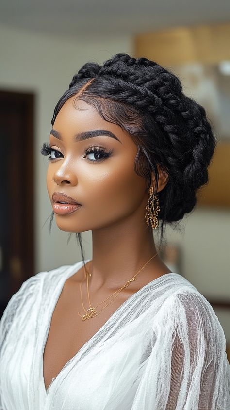 ✨👑 Sophisticated Side Braids braids hairstyles updo black women Inspiration Box Braid Updo For Black Women, Formal Black Hairstyles, Wedding Hairstyles Black Women Updo, Up Hairstyles Braids, Updo Wedding Hairstyles For Black Women, Wedding Braids Black Women, French Roll Hairstyle For Black Women, Braids Hairstyles Updo Black Women, Hairstyles Updo Black Women