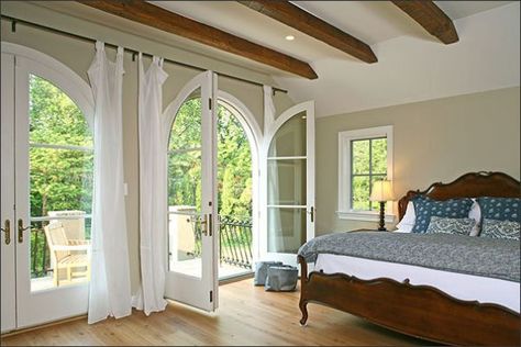 Decorating Your French Doors: A Bit of Help Bedroom Addition Ideas, Basement Master, Light Airy Bedroom, Bedroom French Doors, Arched French Doors, White French Doors, French Doors Bedroom, Mediterranean Bedroom, Airy Bedroom