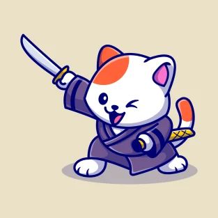 Cute Cat Samurai With Sword Cartoon T-Shirt Samurai Chibi, Samurai Cartoon, Cat Samurai, Samurai Illustration, Line Doodles, Art 2023, Kawaii Tattoo, Cats Drawing, Cartoon T Shirt