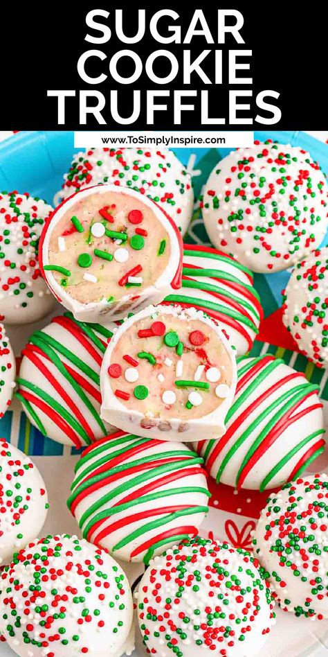 several sugar cookie truffles with red and green sprinkles and drizzle with one cut open. Lofthouse Cookie Truffles, Lofthouse Christmas Truffles, Sugar Cookie Flavors, Sugar Cookie Truffles, Lofthouse Sugar Cookies, Lofthouse Cookies, Cookie Truffles, Cheese All, Christmas Truffles