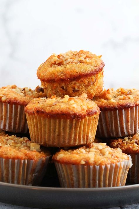 carrot muffins piled high on a plate. Paleo Apple Muffins, Banana Yogurt Muffins, Cinnamon Coffee Cake Muffins, Sour Cream Blueberry Muffins, Simple Veganista, Dairy Free Muffins, Paleo Running Momma, Paleo Apple, Almond Flour Muffins