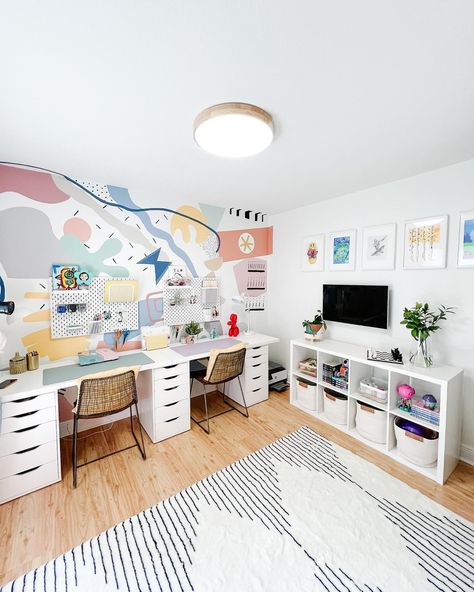 Play And Work Room, Playroom With Desks, Craft Room Playroom Combo, Playroom And Office Combo Small Spaces, Den Playroom Combo, Family Study Room, Baby Room And Office Combo, Playroom And Office Combo, Homeschool Playroom Combo