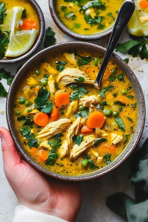 Soothe your body with this warm, flavorful turmeric chicken soup, packed with anti-inflammatory ingredients like turmeric, ginger, and garlic. This nourishing recipe is perfect for a cozy meal that promotes wellness and boosts immunity. Craving something healthy and delicious? Get the recipe here! #turmericchickensoup #antiinflammatoryfoods #healthysoup #turmericrecipes #immunityboosting #gingerrecipes #healthyeating #wellnessrecipes #easyweeknightdinner #healingfoods #glutenfree Anti Inflammation Chicken Soup, Anti Inflammation Recipes Soup, Debloat Soup, Anti Inflammation Soup, Sick Soup, Immune Boosting Recipes, Immune Boosting Soup, Turmeric Chicken Soup, Immunity Soup