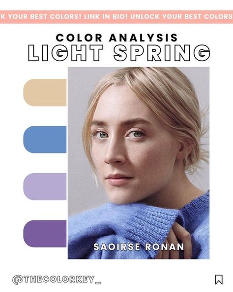 Virtual Color Analysis - the·color·key on Instagram: "👇 Which light spring look is your fav?!   🌷 Saoirse glows in these pics since she’s a light spring — that means she’s flattered by colors that are light, warm, and breezy!  Color analysis gives you tools to embrace your natural features!  🌈 Learn *your* best colors at the link in our bio!  Think: the perfect lipstick shade, a ⋅key⋅ color that makes your eyes pop, and the best hair color to vibe with your complexion!  Sound interesting?  🔑 Follow @thecolorkey_ to learn more about color analysis and learn your season, too!  ⋅ ⋅ ⋅ ⋅ ⋅ ⋅  #coloranalysis #coloranalyst #deepautumn #seasonalcoloranalysis #deepwinter#coolwinter #brightwinter #brightspring #warmspring #lightspring #lightsummer #coolsummer #softsummer #softautumn #warmautumn Color Analysis Light Spring, Light Spring Hair Color, Perfect Lipstick Shade, Light Spring Color Palette, The Best Hair Color, Light Spring Colors, Best Hair Color, Perfect Lipstick, Spring Palette