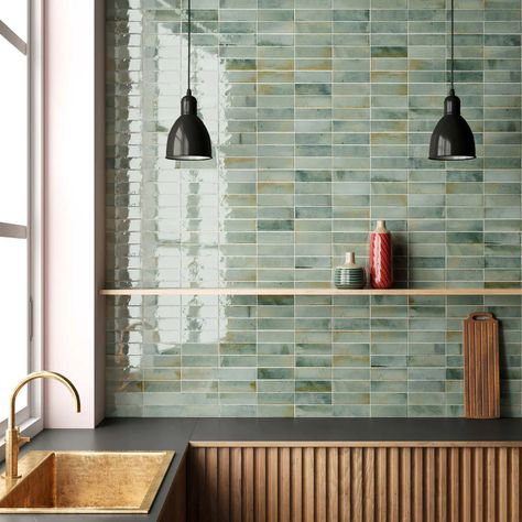 Luna Celadon 2.5x8 Ceramic Subway Tile Moroccan Wall Tiles, Light Green Walls, Johnson Tiles, Tile Layout, White Wall Tiles, Moroccan Wall, Tiles For Bathroom, Ceramic Subway Tile, Celadon Green