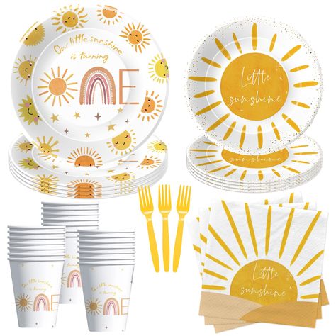 PRICES MAY VARY. 【Sunshine 1st Birthday Decorations】Transform your little one's first birthday celebration into a whimsical wonderland with the "Our Little Sunshine Is Turning One" theme. The bright colors and joyful design will instantly uplift the atmosphere, creating a lively and festive ambiance 【What Will You Get】Our little sunshine is turning one birthday decorations tableware for one-year-old birthday including 24pcs 9'' sunshine dinner plates, 24pcs 7'' sun dessert plates, 24pcs paper na First Trip Around The Sun 1st Birthday, Sunshine Birthday Theme Decor, Sunshine First Birthday Boy, You Are My Sunshine Birthday Party, Our Little Sunshine First Birthday, Sun Birthday Decorations, Sunshine 1st Birthday, Nature Birthday, Sunshine First Birthday