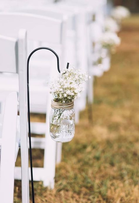 Wedding Aisle Decorations Outdoor Walkways Shepherds Hook, Wedding Aisle Hook Decorations, Hanging Mason Jars Wedding Aisle Decorations, Mason Jar Shepherd Hook Wedding, Wedding Isles Decoration Shepards Hook, Simple Isle Wedding Decor, September Wedding Aisle Decor, Wedding Aisle Shepherd Hooks, Shepards Hook Wedding Aisle