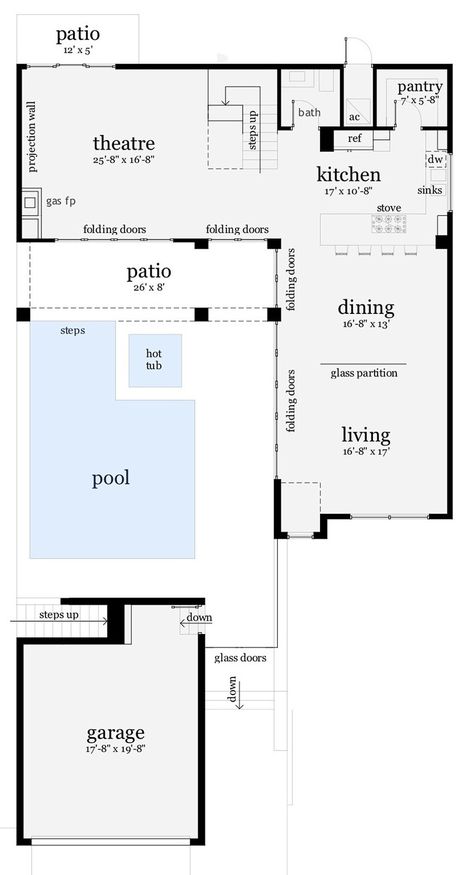 Modern Style House Plan - 4 Beds 2.50 Baths 2592 Sq/Ft Plan #64-190 Floor Plan - Main Floor Plan - Houseplans.com Pool House Floor Plans, U Shaped House Plans, Cypress House, L Shaped House Plans, U Shaped Houses, House Plans 2 Story, L Shaped House, Living Pool, Modern House Floor Plans