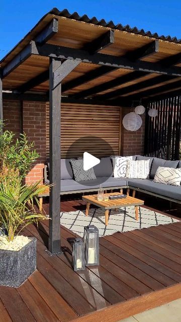 Kate Ward - Interiors | Modern Garden | DIY on Instagram: "Pergola build guide 🛠  You guys voted for the pergola build to be the first in my gardens series, so here's all the details you need to know!   I've listed all the equipment you will need below, plus all of the wood treatments we used.   Equipment: Chisel, hammer, mitre saw, drill, screwdriver, timber fixing screws, steel post base plates,  brushes, bitumen corrugated roof sheets, roofing screws, stainless steel panel pins.   Wood treatments: @barrettineproducts wood protective treatment in black @osmo_uk oil in clear satin for the cedar Outdoor metal paint for the steel post base plates   Timber sizes: Support posts 4 x 4 inches  Horizontal support posts 4 x 2 inches  Decorative panelling slats 3.5 x 3cm Cedar tongue and groove r Pergola With Black Metal Roof, Pergolas With Roofs, Corrugated Roof Pergola, Slat Roof Pergola, Black And Wood Pergola, Diy Pergola With Roof, Pergola Black, Pergola With Metal Roof, Wood Pergola Ideas