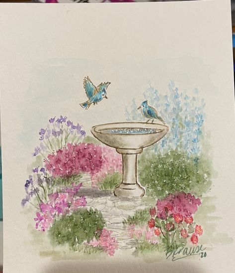 Flower Garden Drawing Easy, Bird Bath Drawing, Watercolor Flower Garden, Flower Garden Drawing Simple, Garden Flowers Drawing, Disneyland Watercolor, Flower Garden Sketch, Garden Painting Easy, Garden Drawing Easy