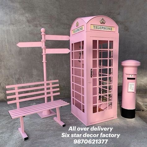 Cute Kiosk Design, Event Space Design Interiors, Telephone Booth Photoshoot, Phone Booth Photoshoot, Pink Telephone Booth, Phone Booth Design, British Telephone Booth, Telephone Bench, Party Rental Ideas