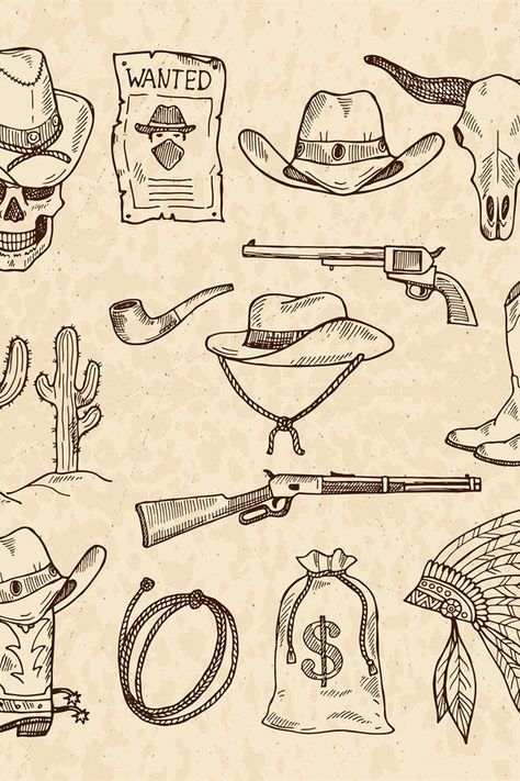 Western symbols. Cowboy guns saloon and other wild west pi Western Gunslinger Tattoo, Cowboy Tribute Tattoo, Cowboy Finger Tattoo, Cowboy Spurs Drawing, Western Tattoo Sketch, Retro Western Tattoo, Western Lightning Bolt Tattoo, Western Tattoo Outline, Western Cowboy Skeleton Tattoo