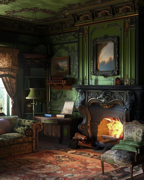 Stepping back in time with the opulence of dark green Victorian interiors. Every corner tells a tale of grandeur and sophistication. 🌿✨ . . . . . #plumnearlyprints #VictorianElegance #DarkGreenDecor #TimelessDesign #OrnateInteriors #VintageCharm #HistoricHome #InteriorInspiration #darkacademia #darkacademiavibes #darkacademiaaesthetic #darkacademiaart #darkaesthetic #moodyvibes #greenacademia #cozyacademia #sherlockholmes #cottagecore #cottagedecor #cottageliving #cottagehome #cozyhomes... Green Victorian House, Victorian Foyer, Cozy Academia, Victorian Rooms, Victorian Green, Green Academia, Dark Academia Art, Victorian Interiors, Dark Academia Aesthetic