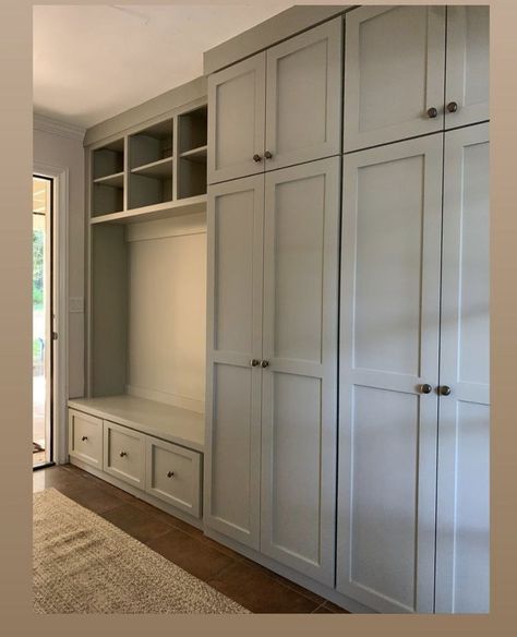 Pantry Cabinet In Mudroom, Mudroom Connected To Master Closet, Closed Cabinet Mudroom, Long Hallway Mudroom Ideas, Mudroom Tall Cabinets, Mud Room Utility Room Combo, Mudroom Big Family, Tall Cabinets In Laundry Room, Main Entrance Closet Ideas