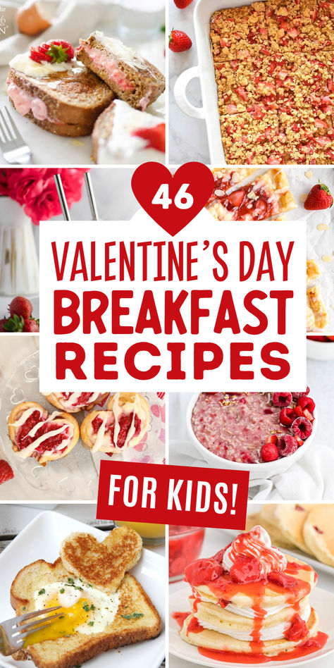 Collage of sweet and savory Valentine's Day breakfast ideas for kids. Kids Valentines Breakfast, Kids Holiday Recipes, Breakfast Recipes For Kids, Valentine's Breakfast, Best Breakfast Ideas, Pancakes And Eggs, Valentines Recipes, Breakfast Ideas For Kids, Valentines Breakfast