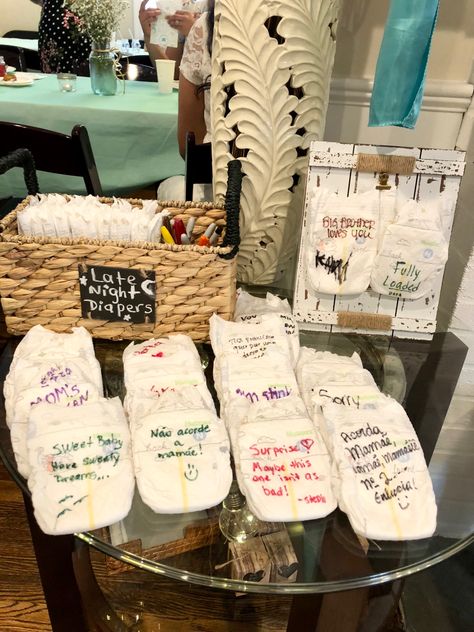 Late Night Diapers Ideas, Diaper Message Station, Late Night Diaper Messages Funny, Write On Diapers Ideas, Baby Shower Diaper Messages, Jennie Baby, Barely Wait, Nesting Party, Late Night Diapers Sign