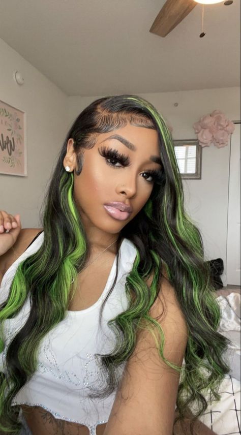 Lace Front Wigs With Colored Highlights, Green Highlighted Wig, Two Streaks In Front Of Hair, Green And Black Wigs Black Women, Blonde And Green Wig, Lacefronts For Black Women, Green Sew In, Black And Green Hair Black Women, Green Streaks In Hair