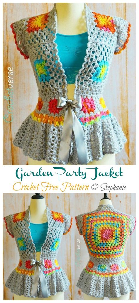 Garden Party Jacket Crochet Free Pattern - Spring&Summer Women #Cardigan; Free #Crochet; Patterns Bolero Haken, Jaket Crochet, Crochet Bolero Pattern, Jacket Crochet, Crochet Jacket Pattern, Party Jacket, Square Cardigan, Granny Stitch, Crochet Cardigan Pattern Free