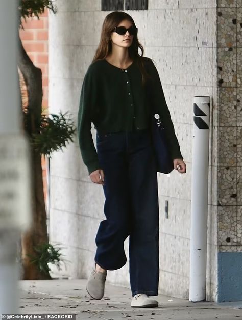 Kaia Gerber cuts a casual figure in a chic khaki green cardigan as she heads out solo in Beverly Hills | Daily Mail Online Chic Inspo Outfit, Khaki Cardigan Outfit, Kaia Gerber Style Street, Kaia Gerber Outfits, Cardigans Outfit, Cardigan Street Style, Kaia Gerber Street Style, Green Cardigan Outfit, Flower Goddess