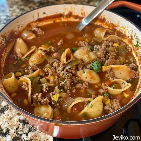 Ground Beef Conchita Soup: An Easy Weeknight Meal Mexican Shell Soup, Conchitas With Ground Beef, Mexican Recipies, Mexican Soup Recipes, Soup With Ground Beef, Mexican Soup, Pasta Shells, Beef And Potatoes, Soup Dinner