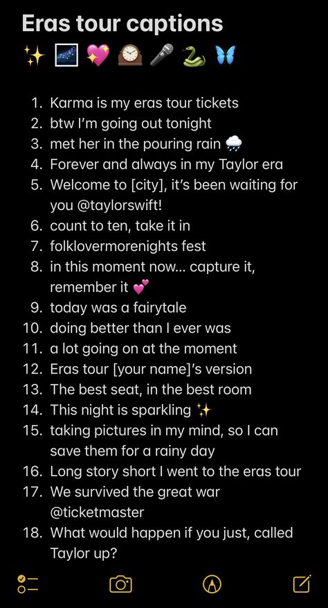 Eras Your Captions, Love On Tour Captions, Taylor Swift Concert Captions Instagram, Taylor Swift Eras Tour Captions, Eras Tour Instagram Story, Taylor Swift Concert Captions, Eras Your Hair, Eras Tour Chants, Eras Tour Captions