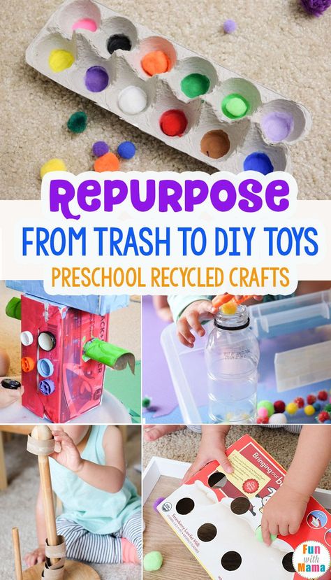 Turn trash into diy toys with these preschool recycled crafts. Includes toilet paper rolls ideas and projects, food pouch cap crafts, empty box crafts and more! via @funwithmama Recycle Preschool, Recycler Diy, Toys From Trash, Diy Toddler Toys, Recycling Activities, Recycled Toys, Recycled Crafts Kids, Diy Preschool, Mother Board