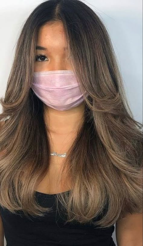 Curtain Bangs And Long Layers, Bangs And Long Layers, Bangs And Balayage, Round Face Hairstyles Long, Ash Brown Balayage, Layered Haircuts For Medium Hair, Brown Hair Inspo, Brunette Hair With Highlights, Bangs With Medium Hair