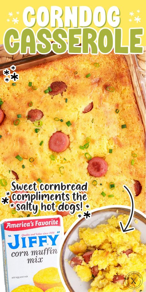 Corn Dog Casserole Hot Dog Mac And Cheese Casserole, Corn Dog Bake, Cornbread With Hotdogs, Corn Dog Casserole Recipes, Chili Dog Casserole Cornbread, Corn Muffin Hot Dog Jiffy Cornbread, Hot Dog Cornbread Muffins, Cornbread Muffins With Hotdogs, Hot Dogs And Cornbread