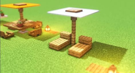 Minecraft Picknick Table, Minecraft Chill Room, Minecraft Coffee Table Ideas, Coffee Table Minecraft, Minecraft Umbrella Table, Minecraft Fire Pit Ideas, Minecraft Beach Decorations, Outdoor Decor Minecraft, Fire Pit Minecraft