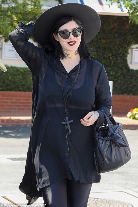 Kat Van D, Kat Von D Style, Black Fluffy Jacket, Maternity Photo Outfits, Goth Glam, Wearing All Black, Pregnancy Outfits, Kat Von, Kat Von D