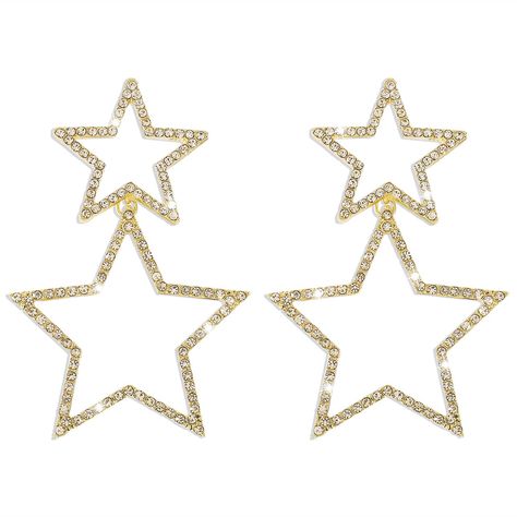 PRICES MAY VARY. Fashion Look - Trendy Big Star Earrings! Dainty hoops stars make a stunning addition to your face and add a touch of sparkle to any outfit. Perfect as a gift for her. Charming and Eye-Catching - Big Star Earrings feature a double star-shaped hoops design, dainty and light, perfect for everyday wear or any special occasions. Make a statement with these fashion star earrings. Trendy Gold Earrings - Earring size: 6.5*4cm. Big Star Earrings are made of gold plated metal with sparkli Star Earrings Dangle, Diamond Star Earrings, Star Dangle Earrings, Shiny Earrings, Silver Star Earrings, Stud Fashion, Five Pointed Star, Crystal Dangle Earrings, Gold Statement Earrings