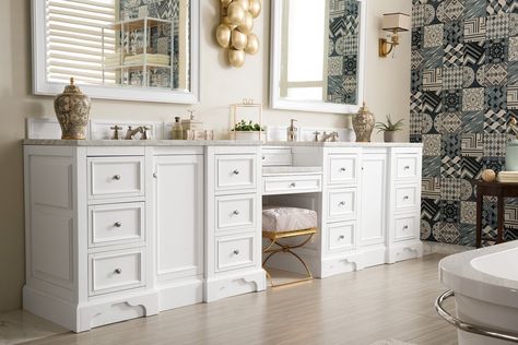 De Soto 118" Double Bathroom Vanity Sink And Makeup Vanity Combo, Sink And Makeup Vanity, Bathroom Vanity With Makeup Table, Bathroom Vanity With Makeup, Bathroom Vanity With Makeup Counter, Vanity With Makeup, Bathroom Vanity Counter, White Double Sink Bathroom Vanity, Vanity Counter