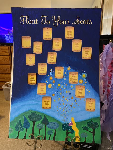 Tangles Theme Quince, Tangled Table Number, Tangled Formal Theme, Tangled Seating Chart, Tangled Sweet 16 Party Ideas, Tangled Sweet 16 Theme Dress, Disney Prom Decorations, Tangled Themed Wedding Decor, Rupunzle Wedding