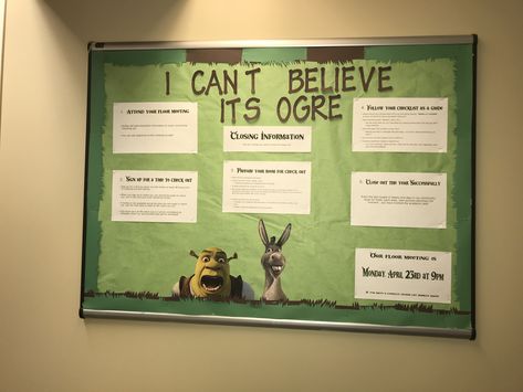 RA college closing bulletin board shrek themed #reslife Closing Bulletin Board, Camping Bulletin Boards, Ra College, Dorm Bulletin Boards, Res Life Bulletin Boards, Resident Assistant Bulletin Boards, December Bulletin Boards, Health Bulletin Boards, October Bulletin Boards